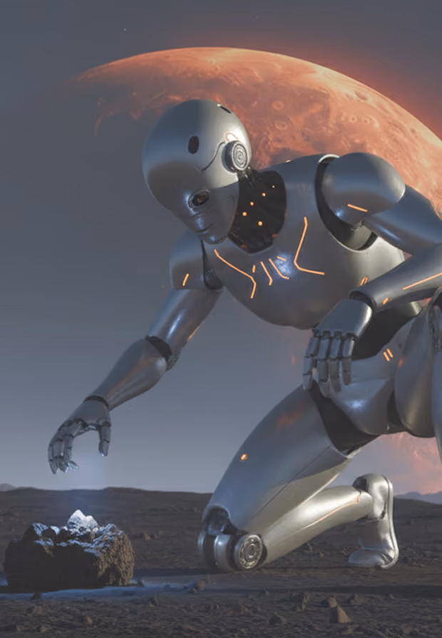 Un robot argenté agenouillé sur un sol rocheux, examinant une pierre illuminée avec une planète rouge en arrière-plan.