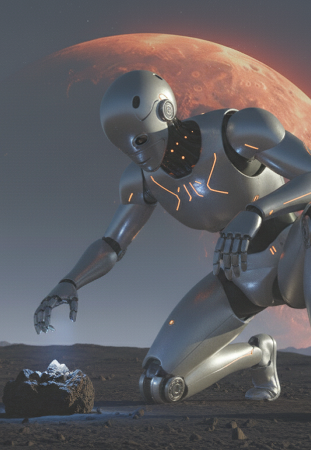 Un robot argenté agenouillé sur un sol rocheux, examinant une pierre illuminée avec une planète rouge en arrière-plan.
