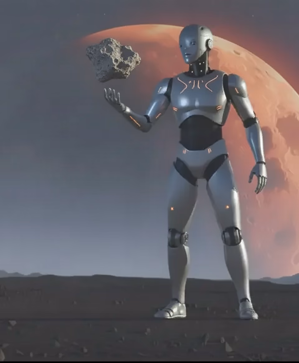 Un robot futuriste debout sur un terrain rocailleux avec une planète rouge en arrière-plan, tenant un astéroïde flottant près de sa main.