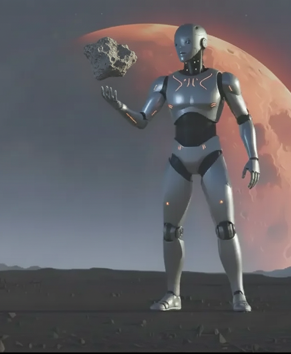 Un robot futuriste debout sur un terrain rocailleux avec une planète rouge en arrière-plan, tenant un astéroïde flottant près de sa main.