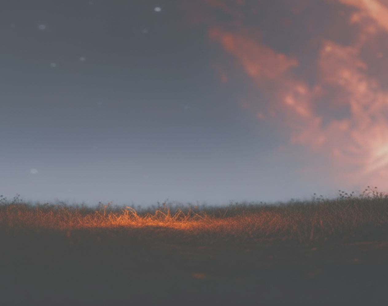 Un champ avec de l'herbe légèrement éclairée sous un ciel crépusculaire avec des nuages orangés.