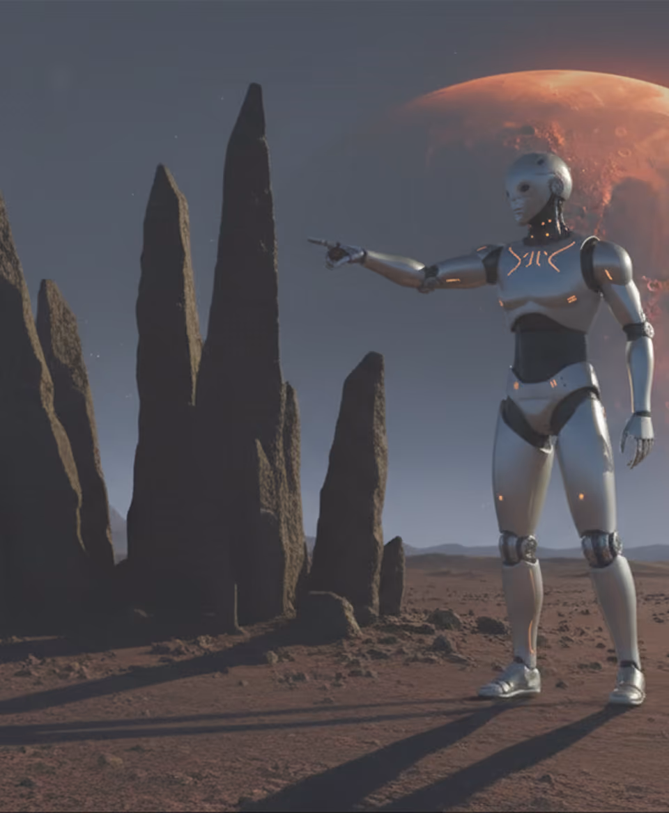 Un robot humanoïde argenté pointe du doigt des formations rocheuses sur un paysage désertique avec une grande planète rouge en arrière-plan.
