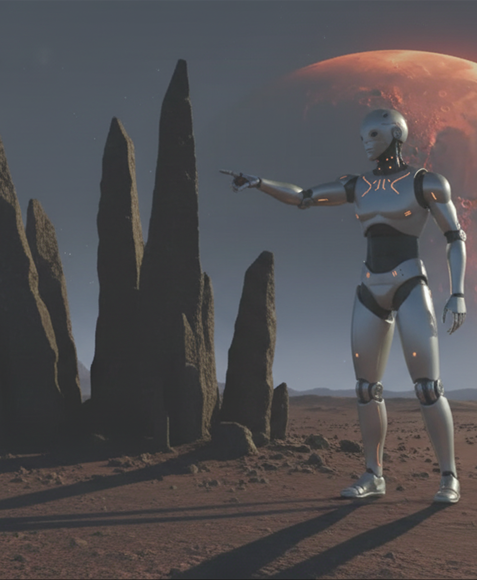 Un robot humanoïde argenté pointe du doigt des formations rocheuses sur un paysage désertique avec une grande planète rouge en arrière-plan.