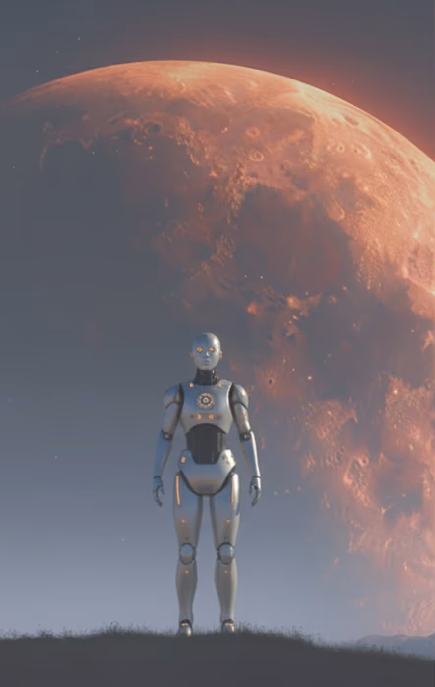Un robot humanoïde debout sur une surface avec une grande planète rouge en arrière-plan.