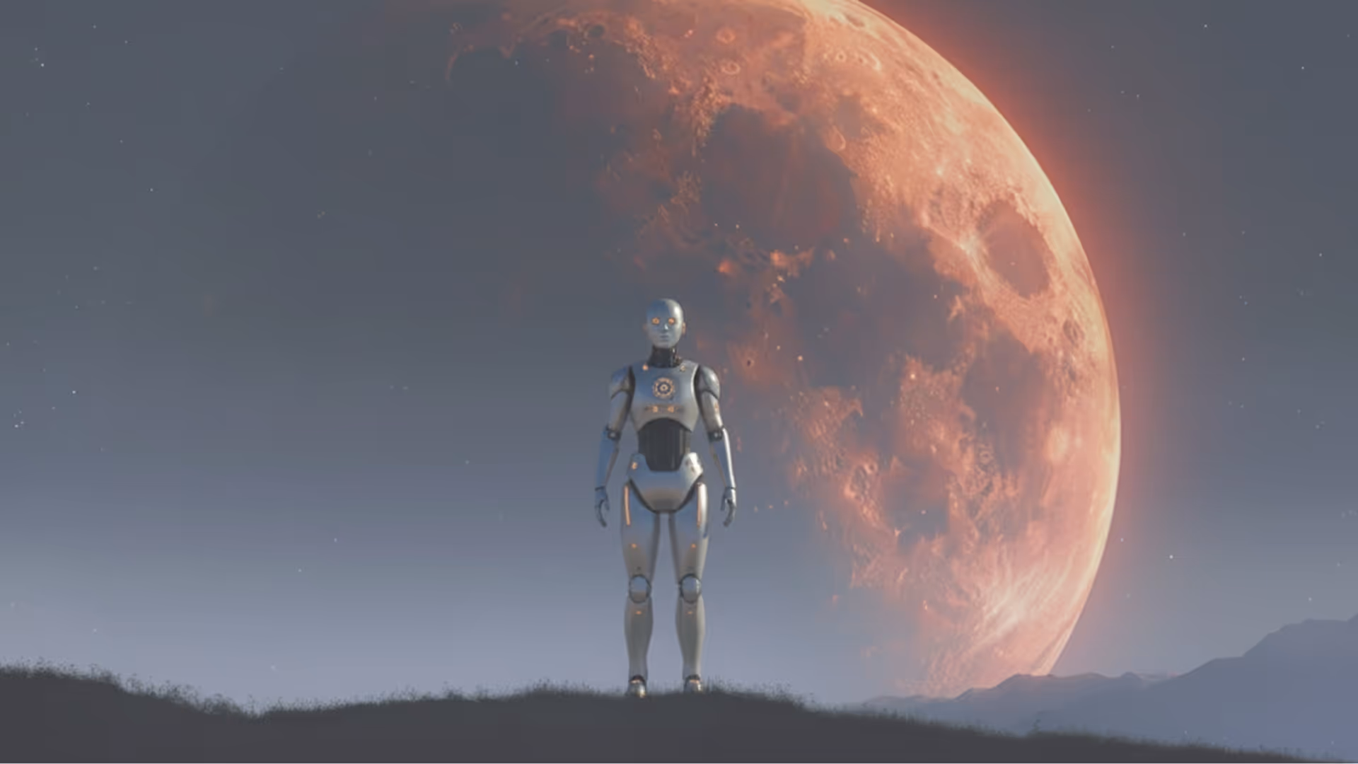 Un robot humanoïde debout sur une colline avec une grande lune orange en arrière-plan.