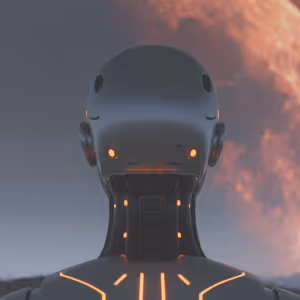 Robot humanoïde futuriste vu de dos avec des lumières orange sur le cou et le dos, devant un ciel sombre avec une grande lune orangée floue.