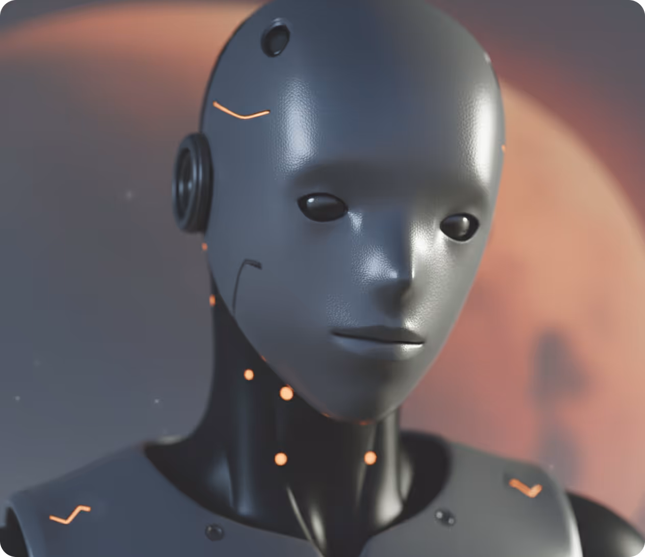 Gros plan d'un robot humanoïde gris aux yeux noirs et lumières orange sur fond flou.