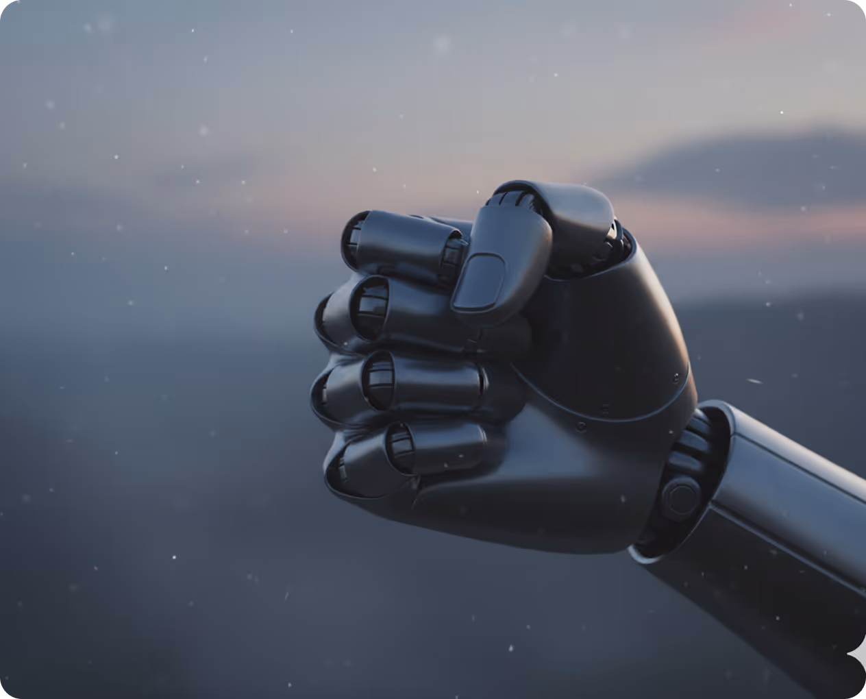 Poing fermé d'une main robotique noire avec un fond flou de ciel au crépuscule.
