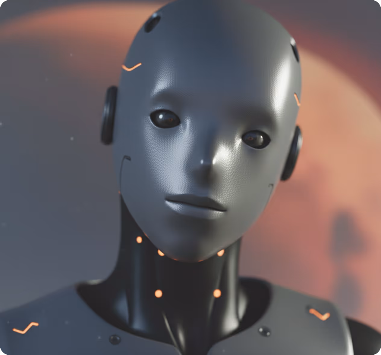 Portrait d'un robot humanoïde avec un visage et un cou noirs, présentant des lumières orange, sur un fond flou.