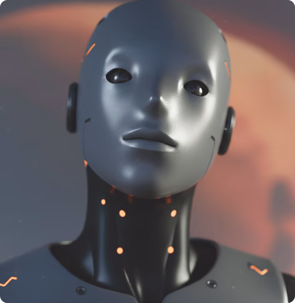 Portrait rapproché d'un robot humanoïde avec un visage gris métallique lisse et des yeux noirs sans pupilles visibles.