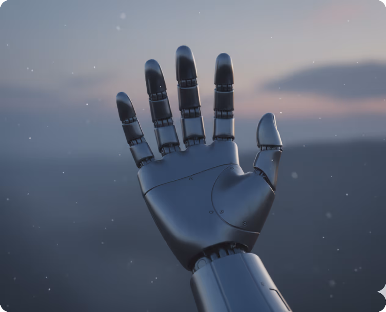 Main robot métallique ouverte avec un ciel flou en arrière-plan.
