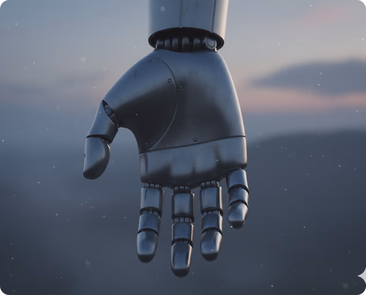 Main robotique métallique noire suspendue avec des phalanges articulées et un arrière-plan flou de ciel et montagnes.