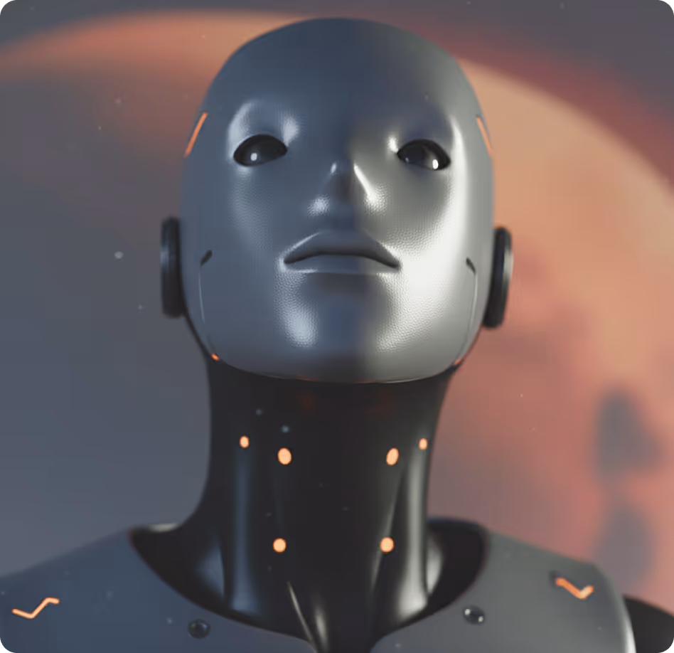 Gros plan d'un robot humanoïde au visage lisse et métallique, avec un fond flou aux teintes chaudes.