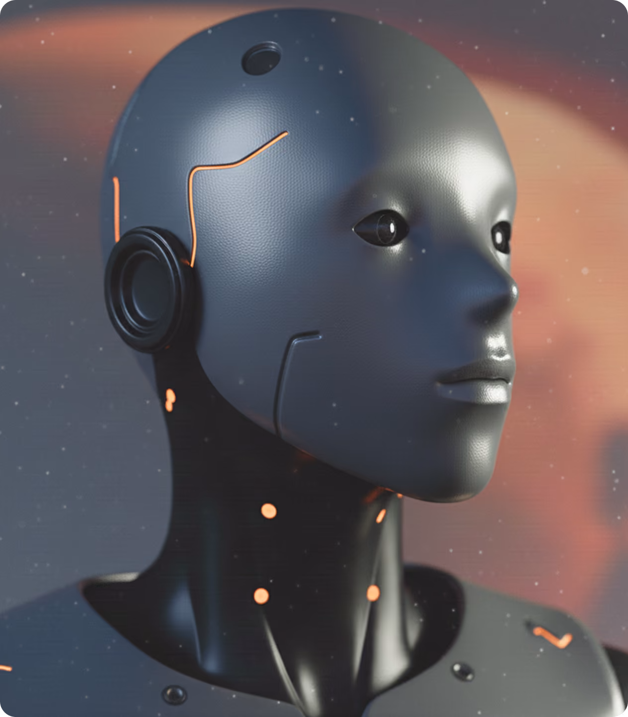 Tête et épaules d'un robot humanoïde noir et lisse avec des lignes orange, regardant vers la droite avec un fond flou aux teintes rouges et grises.