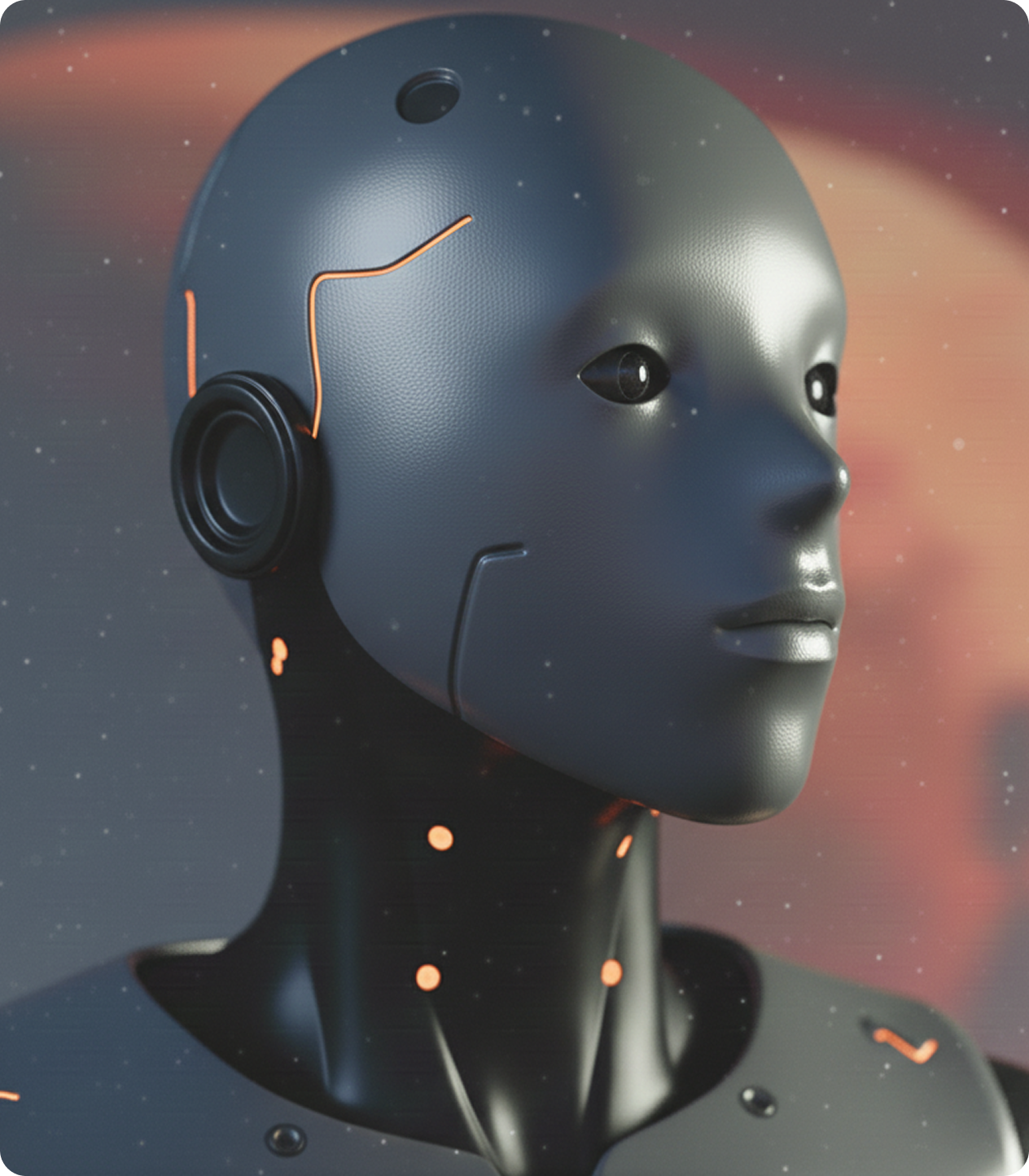 Tête et épaules d'un robot humanoïde noir et lisse avec des lignes orange, regardant vers la droite avec un fond flou aux teintes rouges et grises.