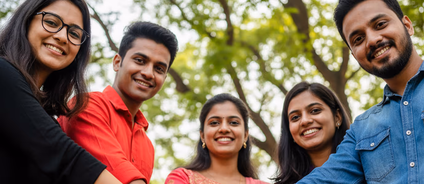 Group of five young adults smiling outdoors with green trees in the background.