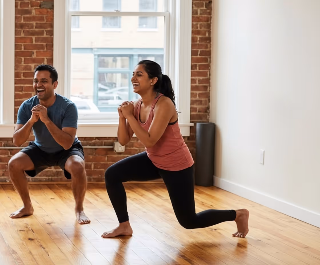 Man and woman doing lunges and squats barefoot on wooden floor in a bright room.