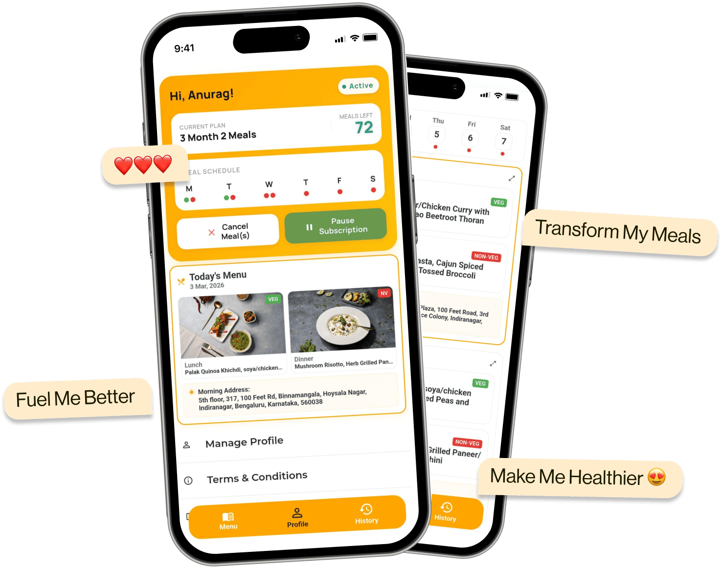 Mobile app showing meal plan, schedule, today's menu with lunch and dinner images, and profile options.