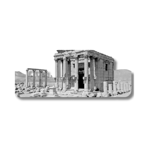 Black and white photo of ancient Greek-style ruins with columns and a rectangular stone structure.