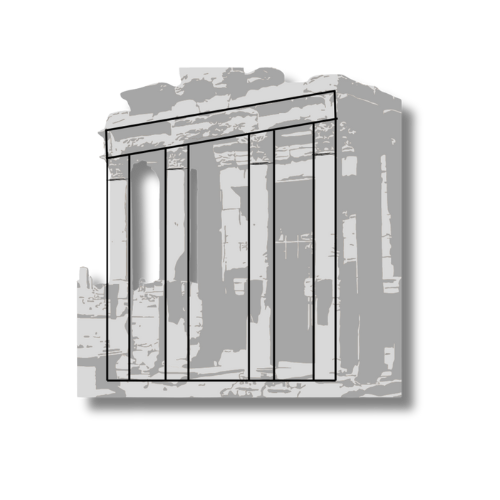Illustration of an ancient stone structure resembling a Greek temple facade with five vertical columns and a doorway.