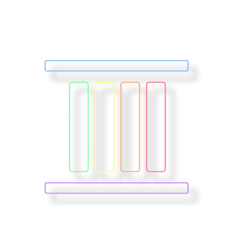 Colorful neon light design featuring four vertical bars in green, yellow, orange, and red, flanked by horizontal blue and purple bars on top and bottom.
