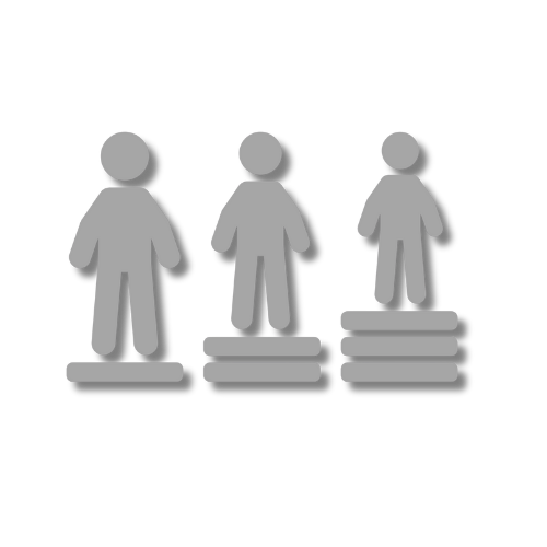 Three stylized human figures of different heights standing on stacked platforms, representing hierarchy or growth.