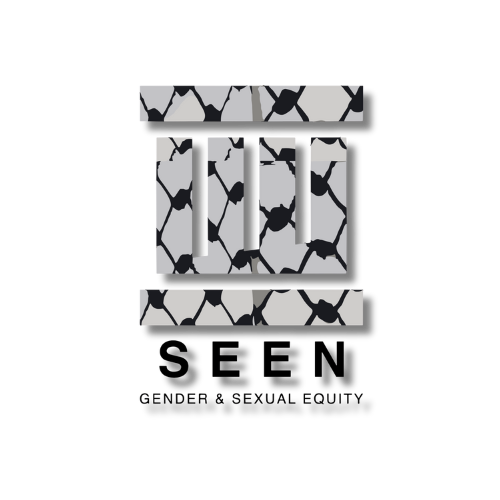 Logo showing three vertical black pillars with a grey and black cracked texture and the word 'SEEN' below, followed by smaller text 'Gender & Sexual Equity'.