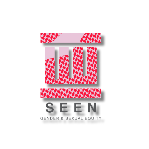 Logo for SEEN Gender & Sexual Equity featuring stylized pink and red patterned letters resembling a pillar.