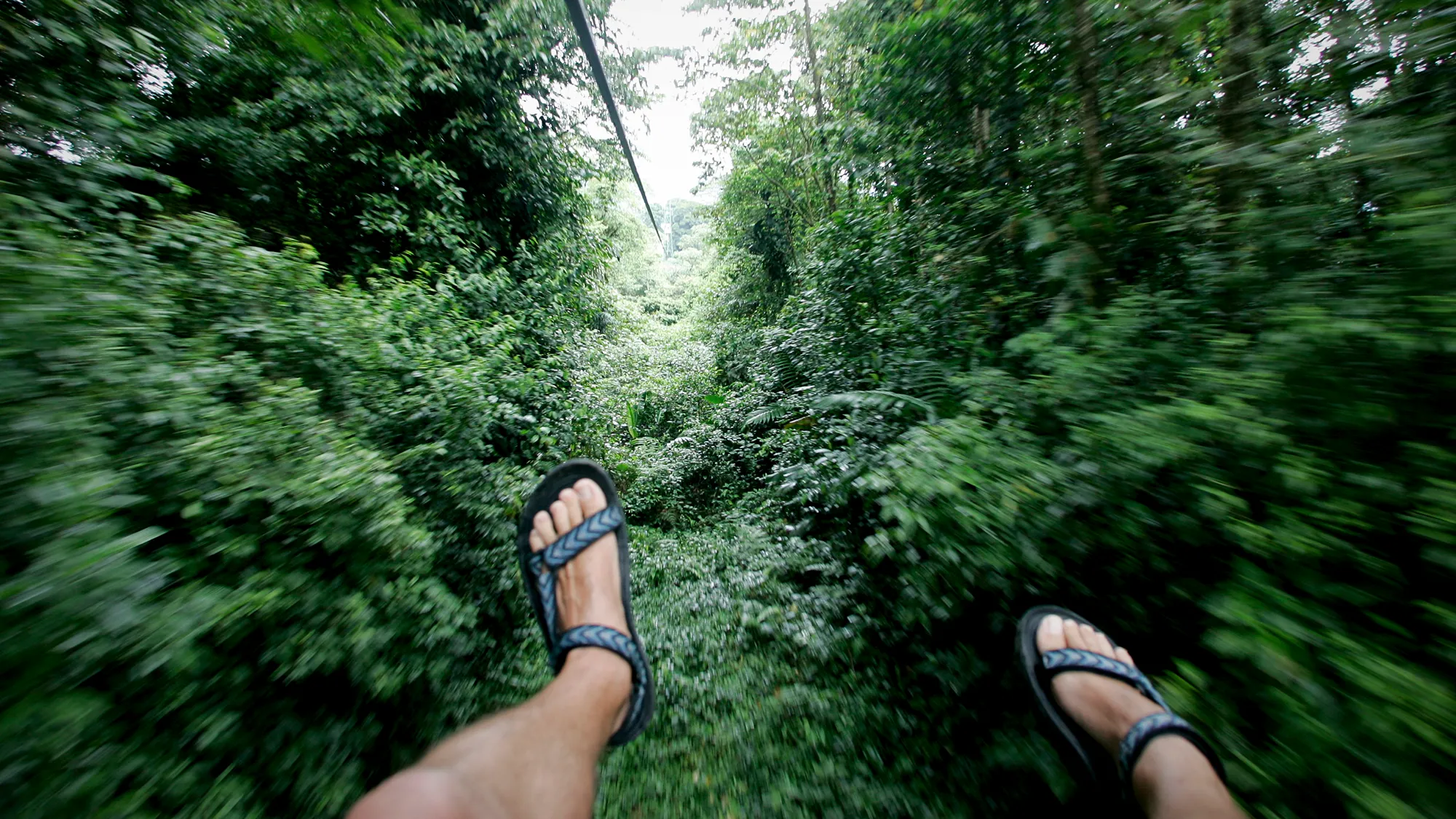 A point-of-view shot of a traveler moving quickly along a rainforest trail in Costa Rica