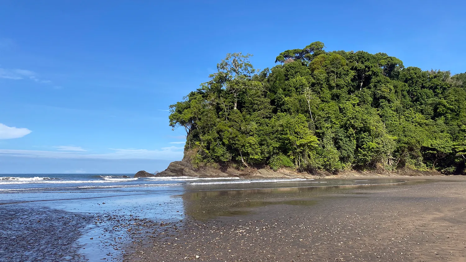 A forested headland meeting the ocean along the Corcovado coastline in Costa Rica