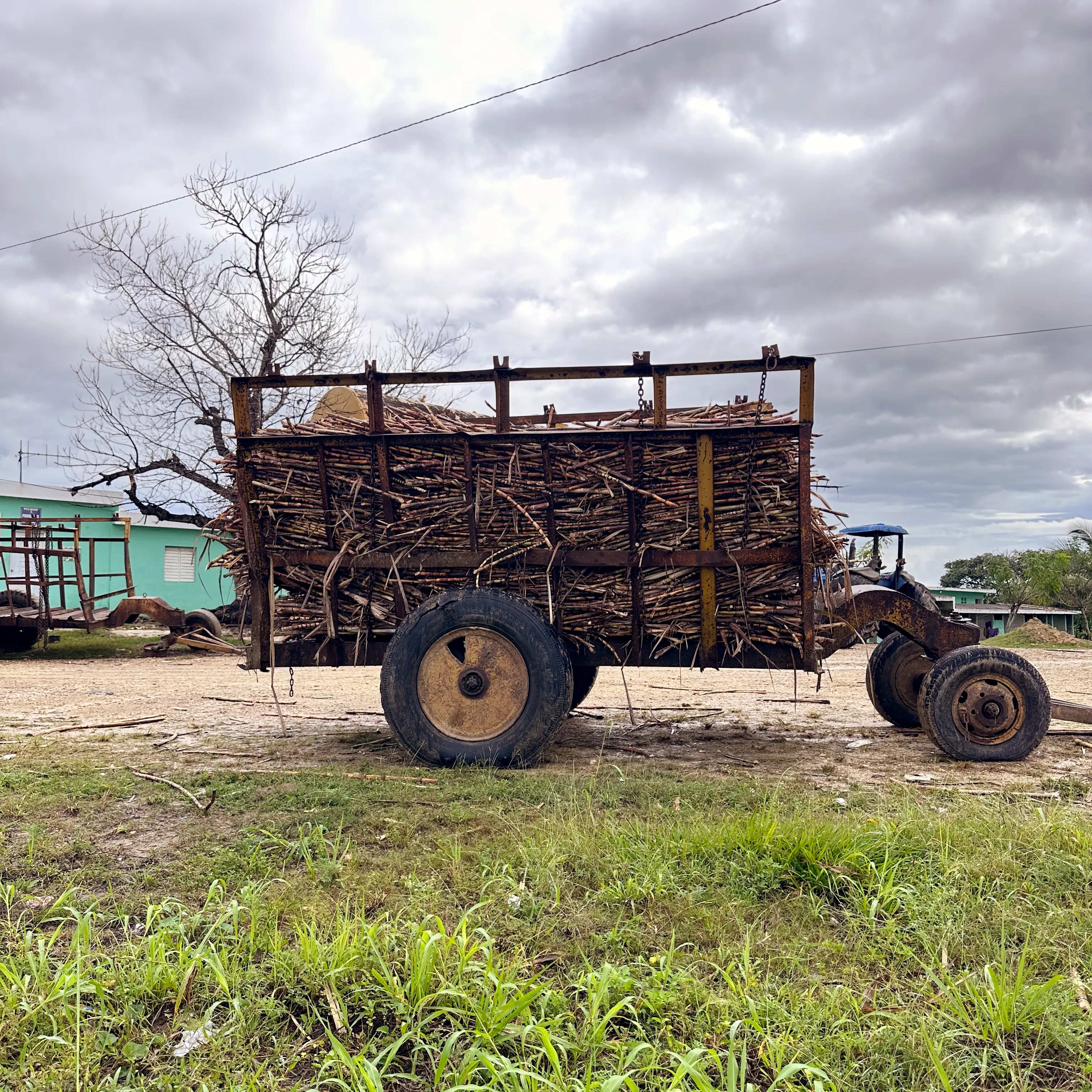A tractor hauling a cart piled high with harvested sugar cane in the Dominican Republic