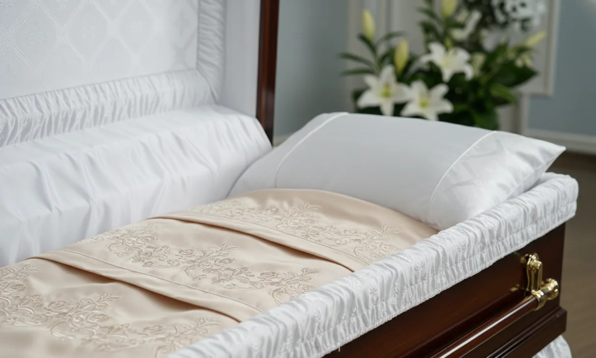 Unutrašnjost drvenog lijesa sa belom posteljinom i ukrašenim pokrivačem, sa belim cvećem u pozadini.