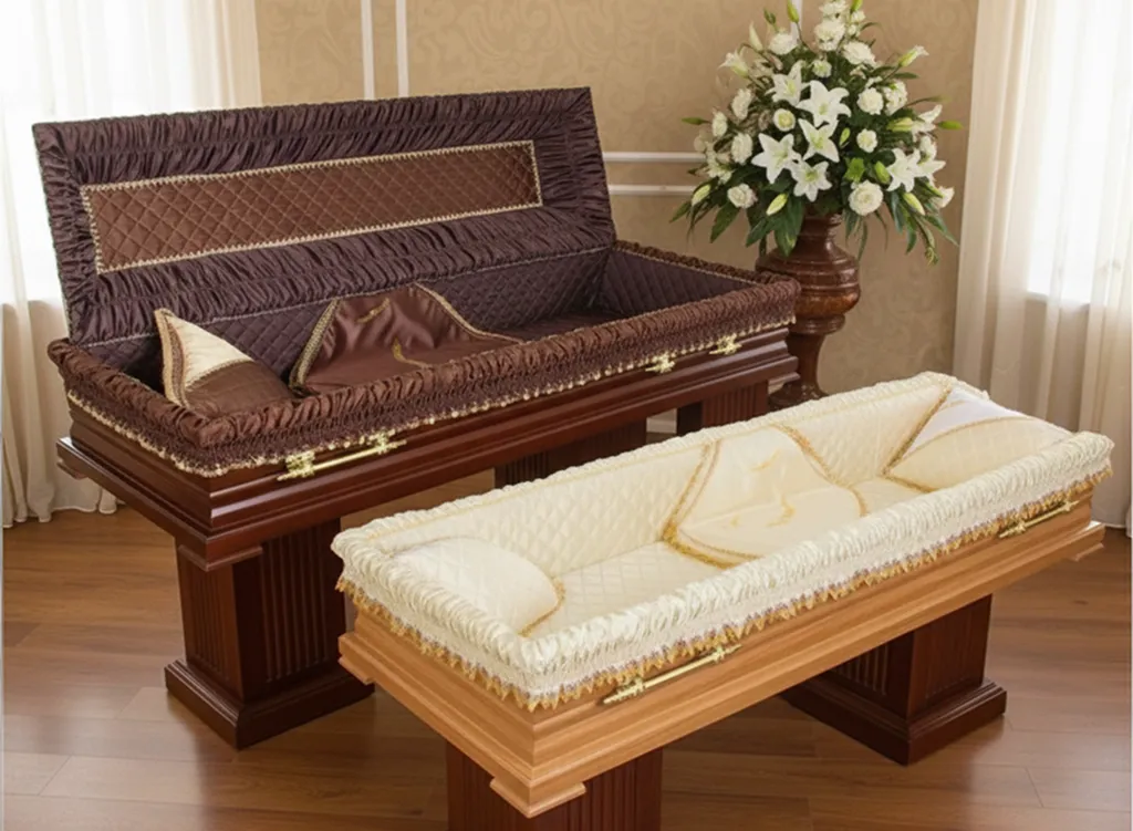 Dva otvorena kovčega sa postavom, jedan u tamno braon, a drugi u krem boji, postavljeni u prostoriji sa drvenim podom i buketom belog cveća u pozadini.