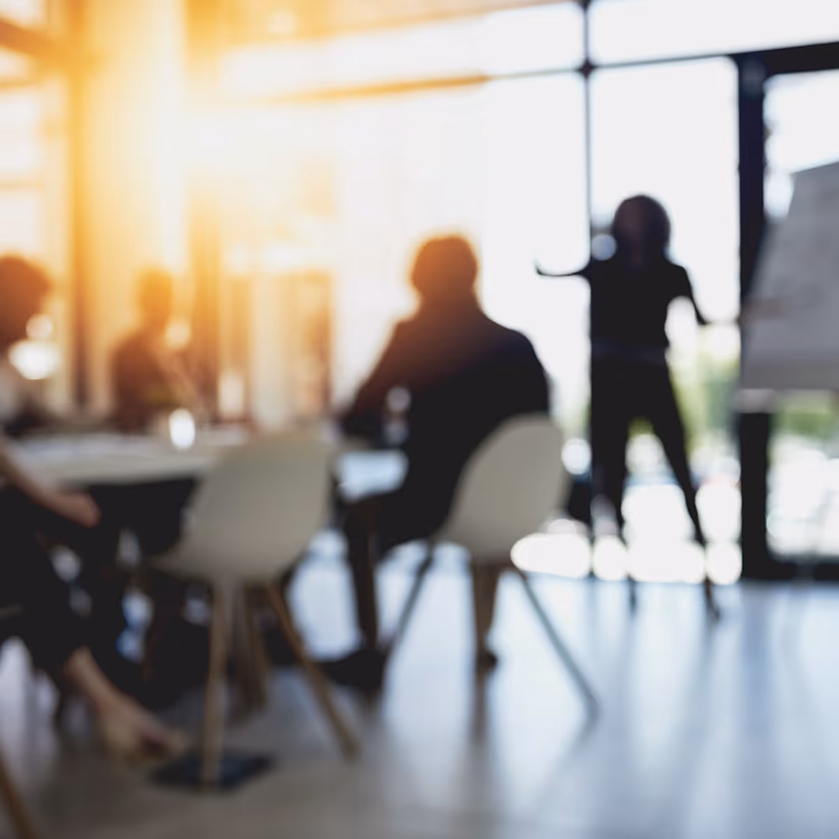 Blurred image of people in a meeting room with a person standing and presenting near a flipchart.