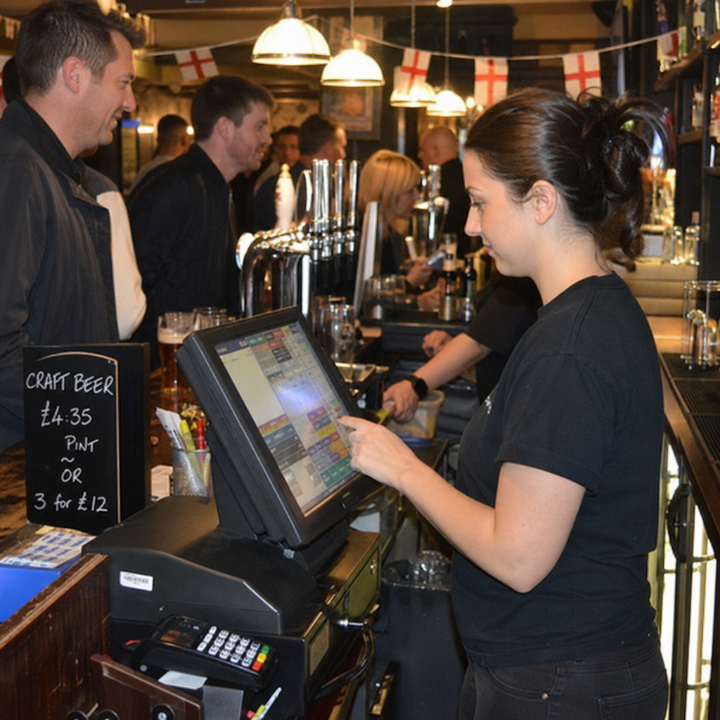 Pub staff using an EPOS till behind a busy bar