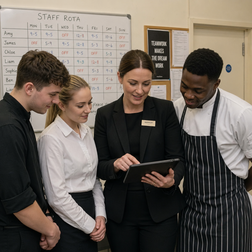 Hospitality manager reviewing a digital staff rota with team members