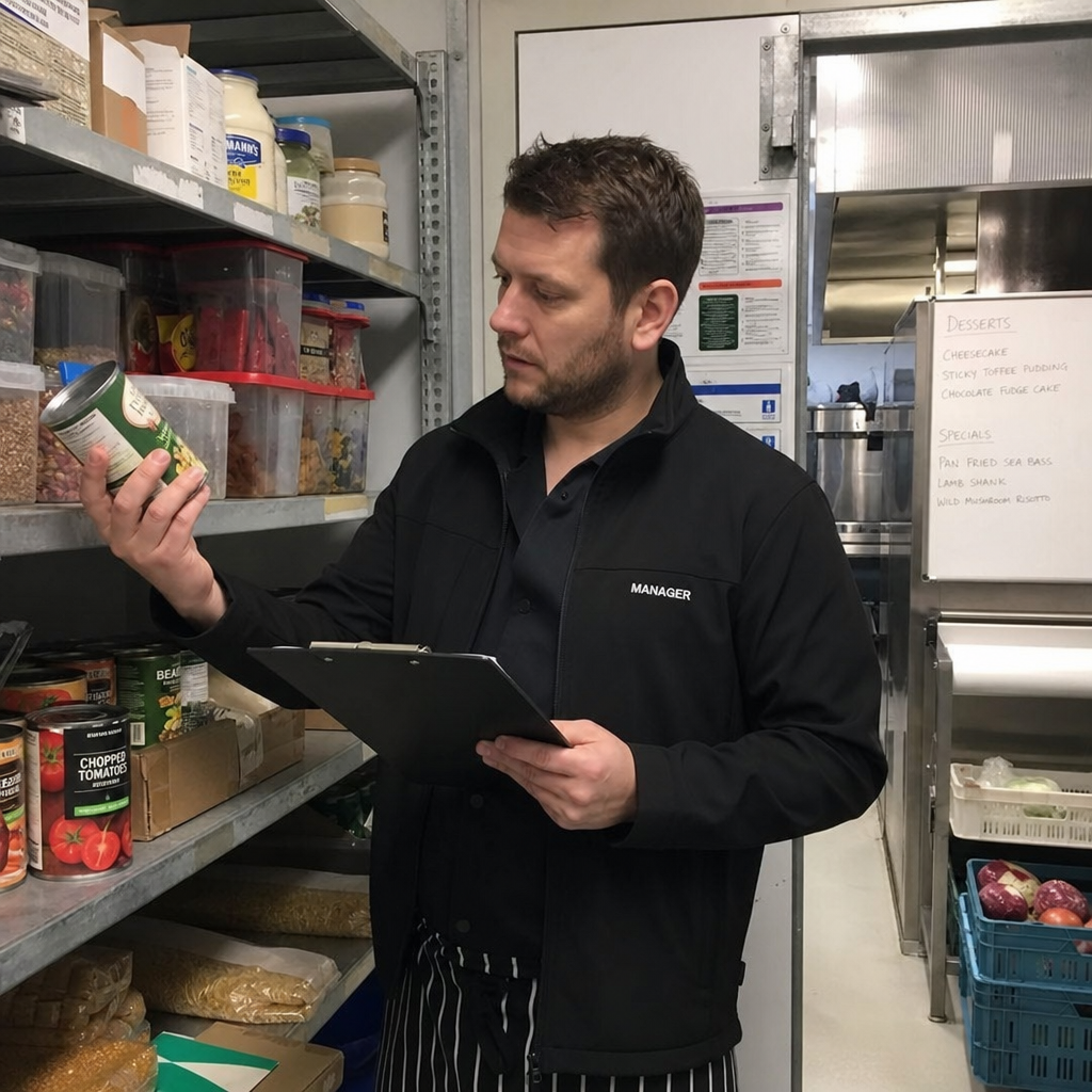 Restaurant manager checking stock in a UK commercial kitchen
