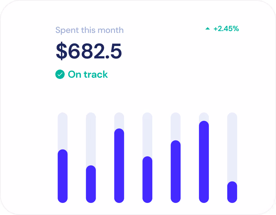 Monthly spending summary showing $682.5 spent, marked on track with a 2.45% increase, and a vertical bar graph visualizing spending trends.