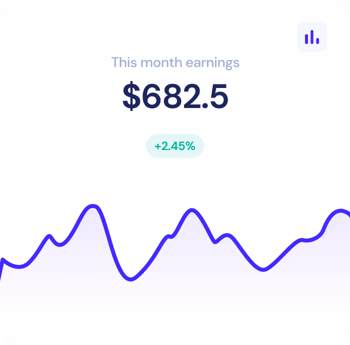 Dashboard showing this month earnings of $682.5 with a +2.45% increase and a blue line graph below.