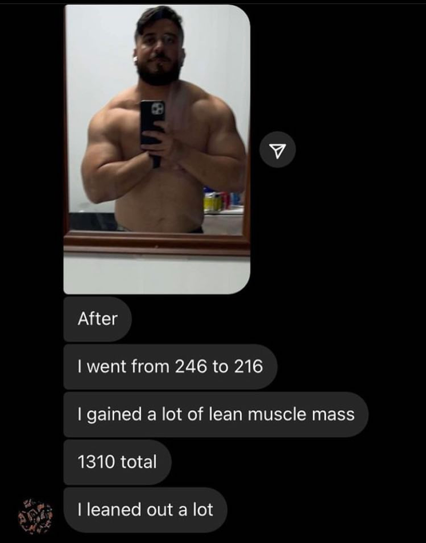 CUT STACK II – DM with after photo: went from 246 to 216 lbs and leaned out