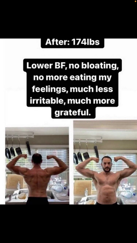 CUT STACK II – customer story, after: 174 lbs with lower body fat and no bloating