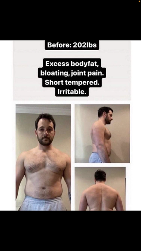 CUT STACK II – customer story, before: 202 lbs with excess body fat and bloating