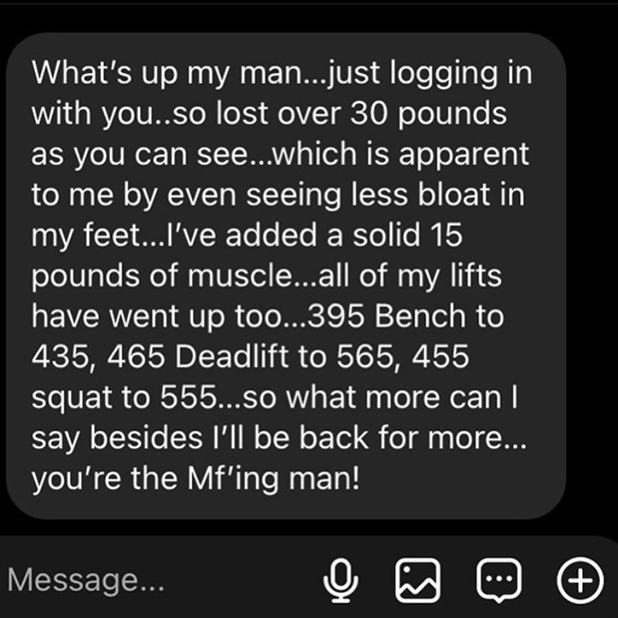 CUT STACK I – DM: lost over 30 lbs, added 15 lbs muscle, bench 395 to 435, deadlift 465 to 565, squat 455 to 555