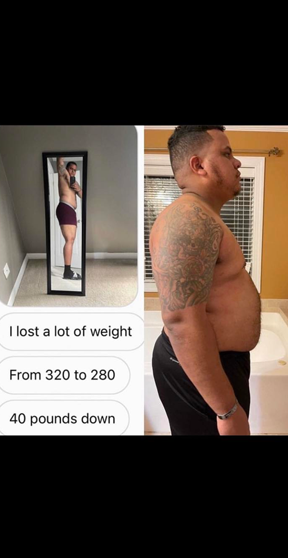 CUT STACK I – text with before and after photos: 320 to 280 lbs, 40 lbs down