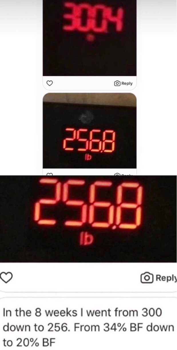CUT STACK I – DM with scale photos: 300 to 256 lbs in 8 weeks, 34% to 20% body fat