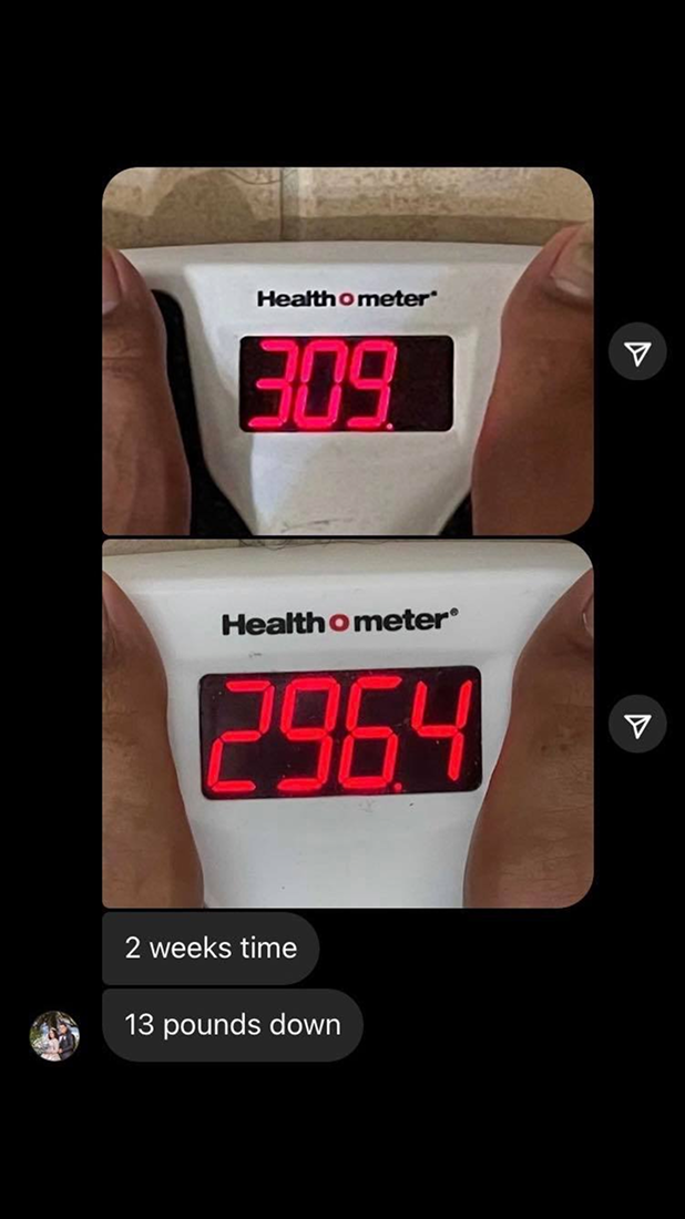 CUT STACK I – DM with scale photos: 309 to 296.4 lbs, 13 lbs down in 2 weeks