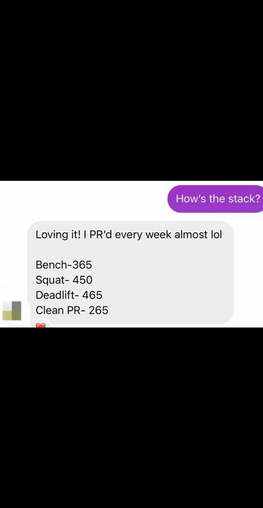 MASS STACK II – DM: PR'd almost every week, bench 365, squat 450, deadlift 465, clean 265
