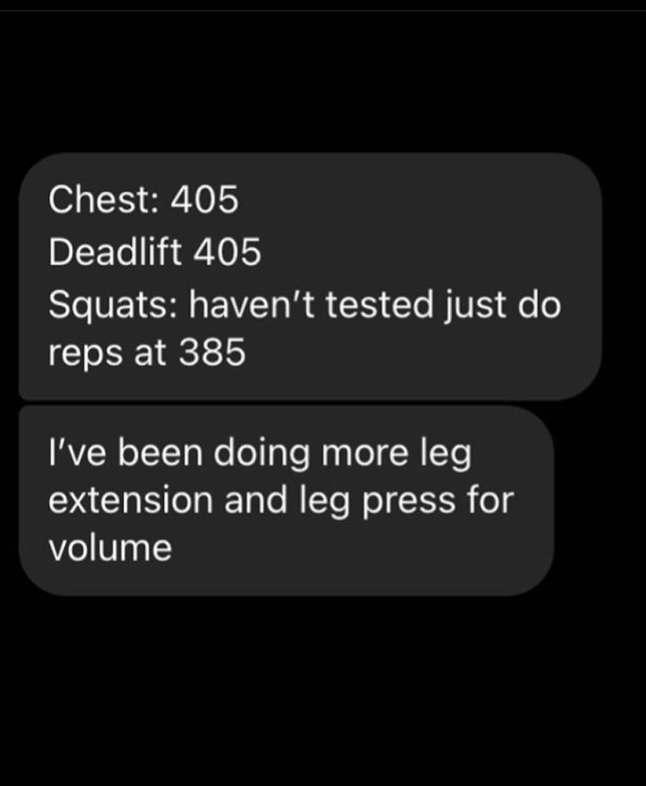 MASS STACK II – DM: chest 405, deadlift 405, squat reps at 385