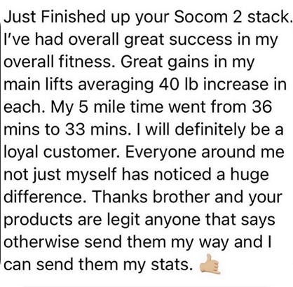 SOCOM II – text: main lifts up 40 lbs, 5 mile time 36 to 33 minutes