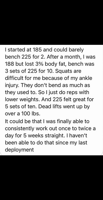 SOCOM II – text: bench 225 x 2 to 3 x 10, deadlift up 100 lbs, 3% body fat lost